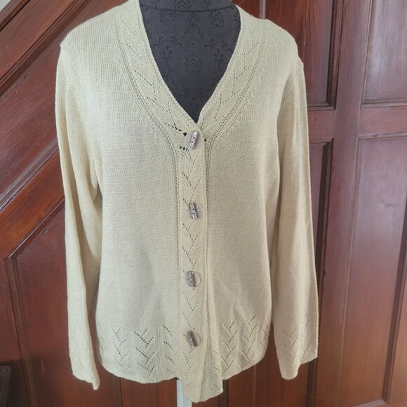 Appleseeds Petite Womens Gold Shimmer Acrylic Blend Cardigan Sweater Chevron Hem - Picture 2 of 9